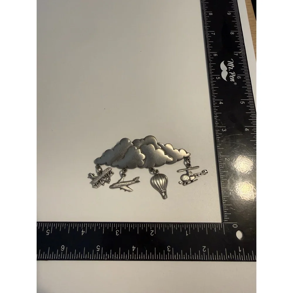 JJ Jonette Vintage Pewter Clouds Aviation Brooch Biplane Jet Balloon‎ Helicopter